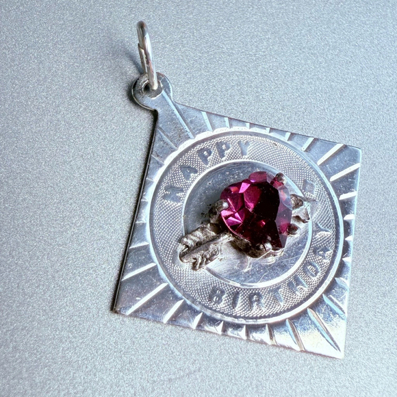 Sterling Silver 925 Happy Birthday July Birthstone Simulated Ruby Charm Pendant - Picture 3 of 5